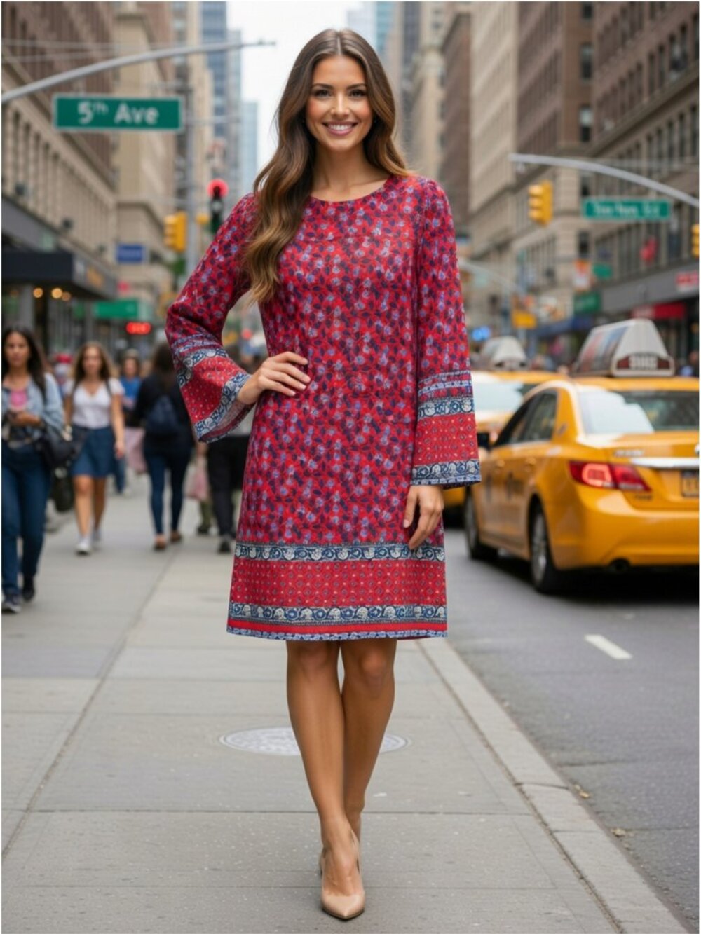 Loft Perite Tunic Dress Women red Blue white Floral Long Sleeve Belted Sz MP